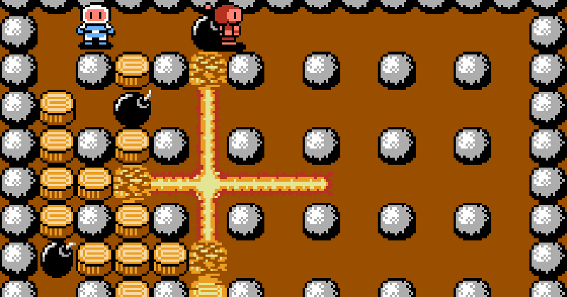 A Bomberman arena mid-game: two players, brick and stone blocks, and a bomb blast crossing the board.