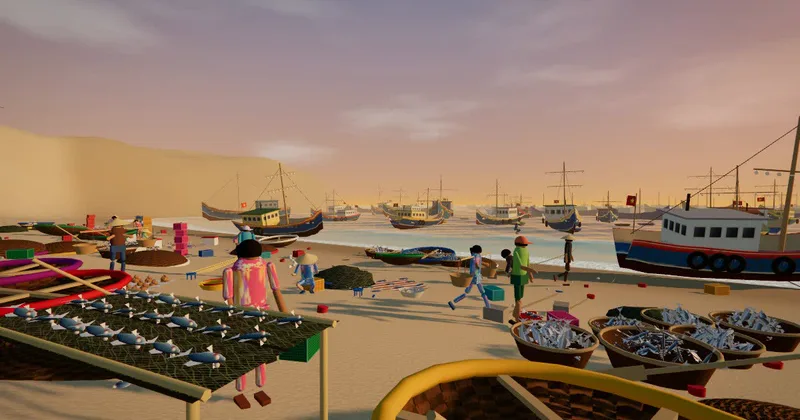 The fish market on the sand at Mũi Né at dawn: drying racks, baskets of anchovies, and the fishing fleet moored behind.