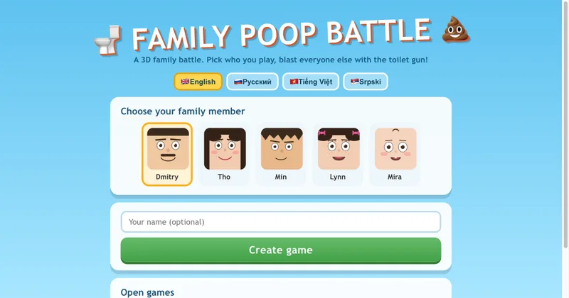 The Family Poop Battle lobby: language buttons and a row of cartoon family members to play as.